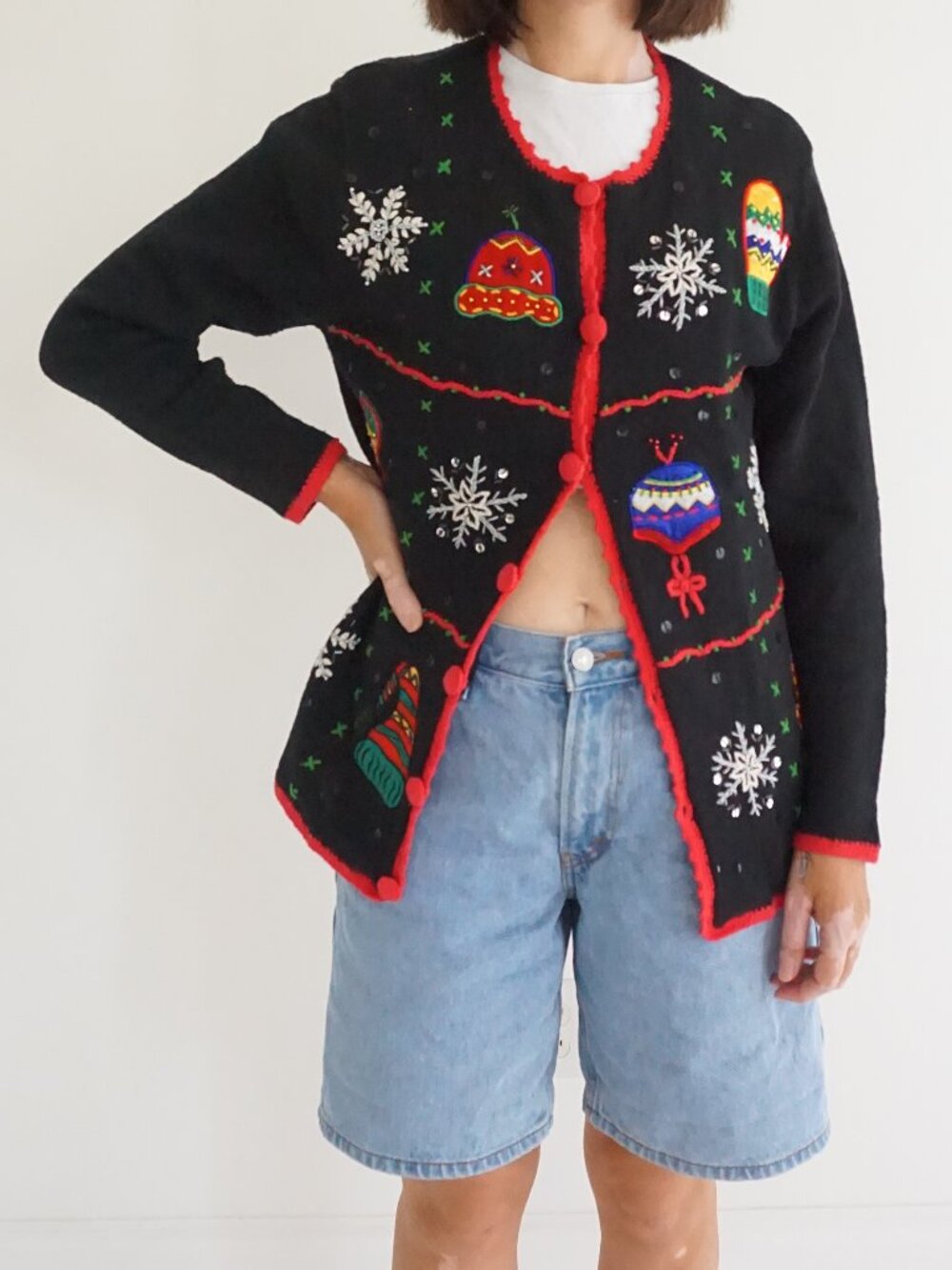 Vintage Cherokee Black Snowflake Stocking Ugly Christmas Party Beaded Cardigan M